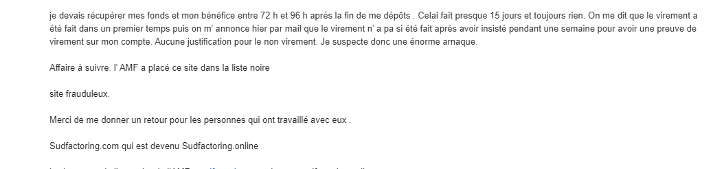 Avis sur Sudfactoring.com - Le témoignage d'une victime