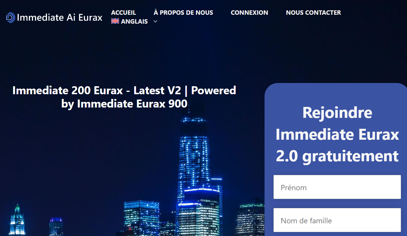 Interface utilisateur Immediate AI Eurax trompeuse avec thème bleu et graphiques de marché