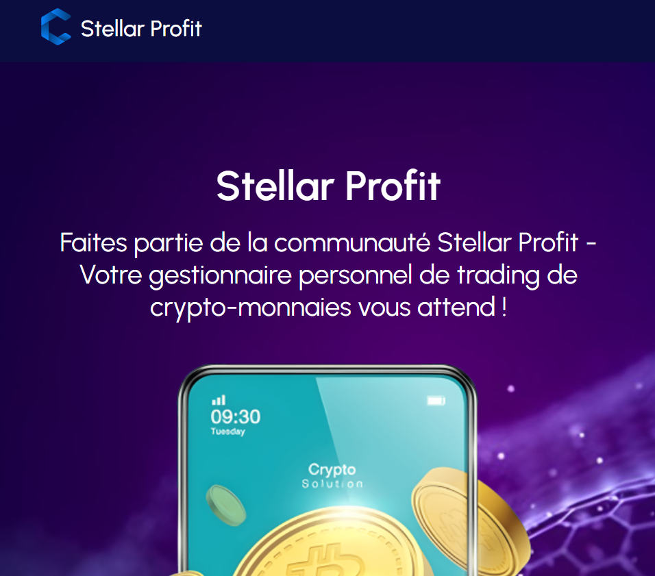 Site Stellar Profit en bleu et violet - Esthétique séduisante mais trompeuse