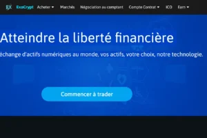 Interface de la plateforme Exacrypt montrant des jetons Bitcoin et Ethereum