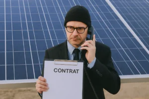 Homme en costume avec bonnet et lunettes tenant un téléphone et un contrat devant des panneaux solaires, symbolisant une escroquerie liée à l’énergie solaire