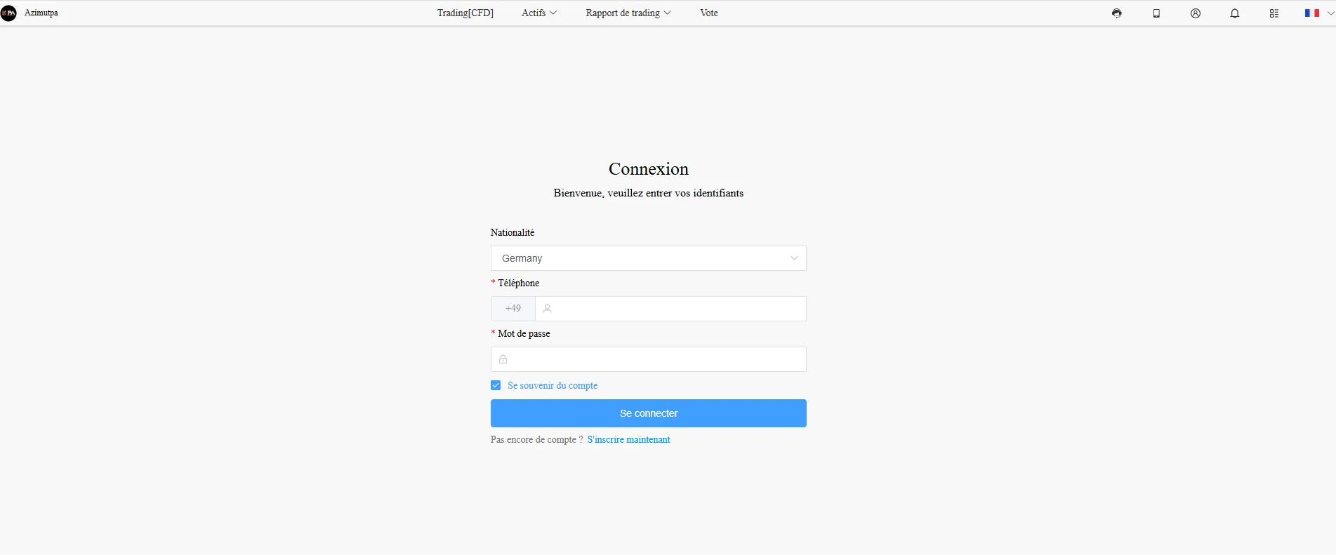 Azimutpa avis page de connexion du site de trading CFD