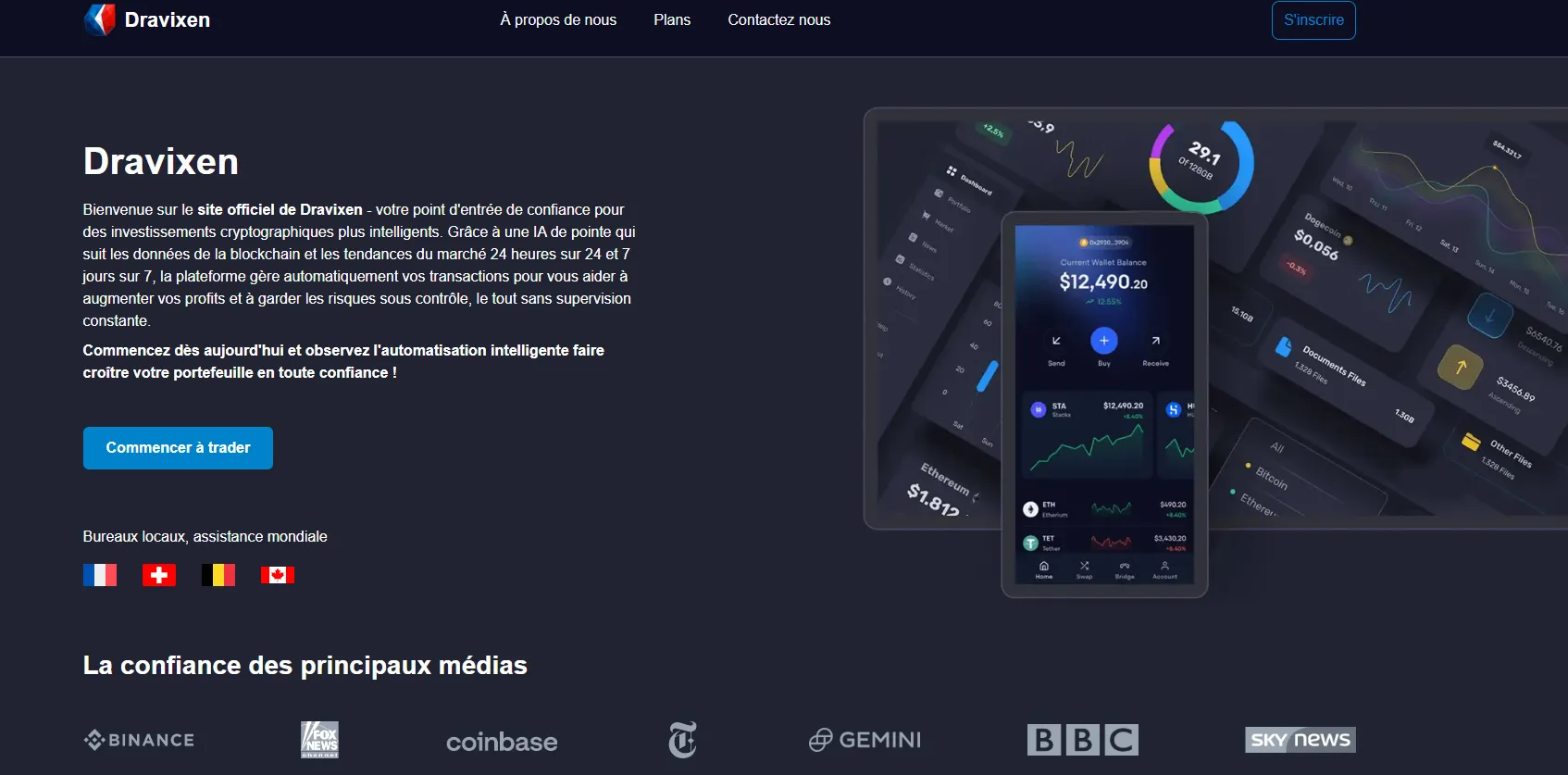 Page d’accueil de Dravixen, fausse plateforme de trading IA non régulée