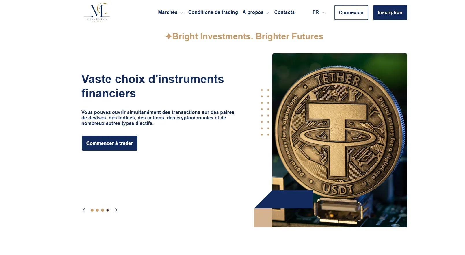 Page d'accueil du site Millennium Capital présentant ses services de courtage