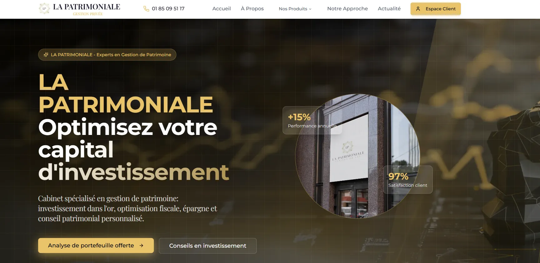 Page d’accueil du site La Patrimoniale présentant le slogan Optimisez votre capital d’investissement