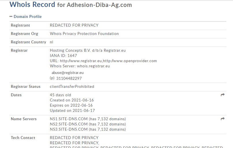 Pas besoin de chercher loin pour savoir que Adhesion-diba-ag.com est un faux site. Son WHOIS suffit largement.