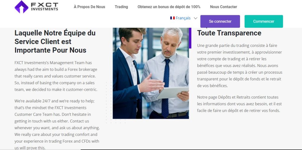 De l’anglais mélangé au français sur Fxctinvestments.com.