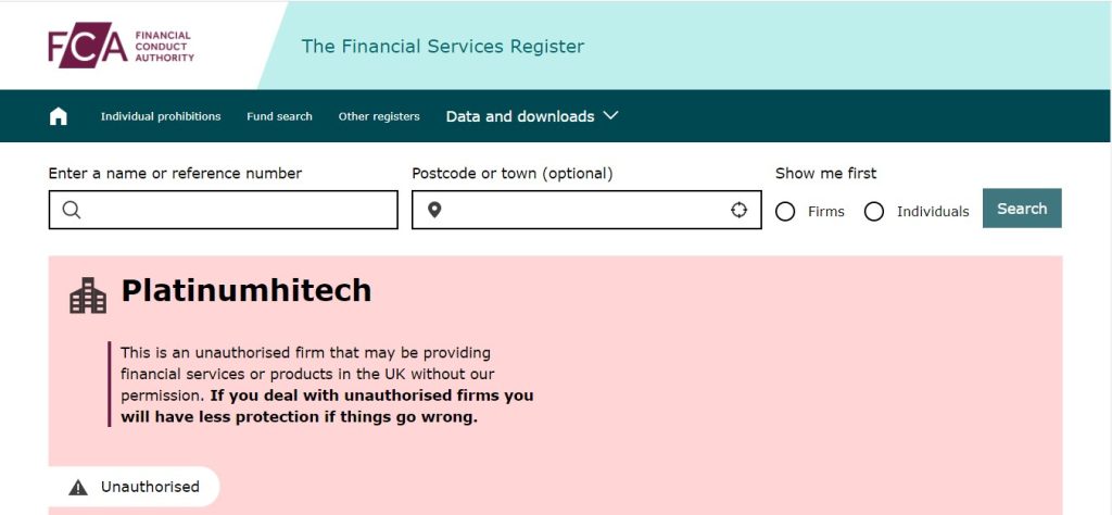 Platinumhitech est une entité dont les services ne sont ni approuvés ni reconnus par la FCA. Alors, il faut fuir Platinumhitech.com.