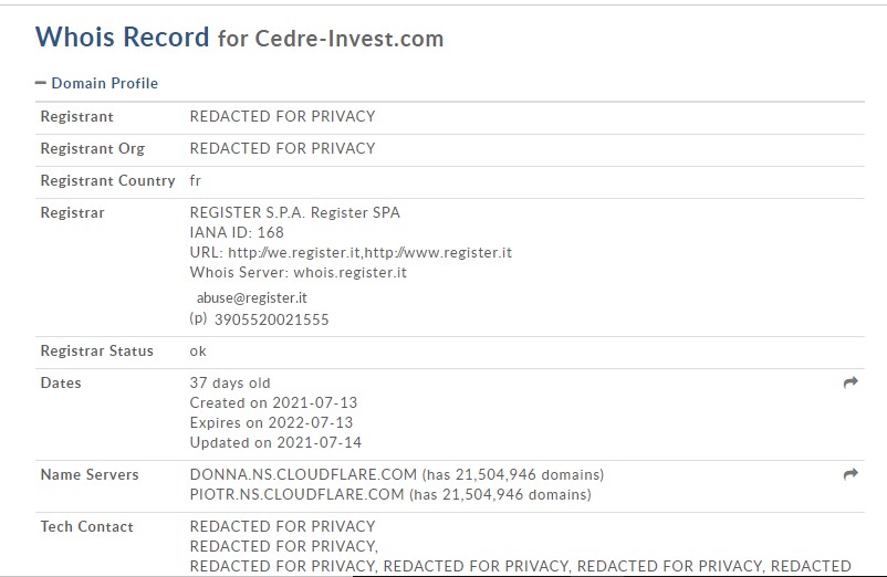 Le WHOIS de Cedre-invest.com est anonyme.