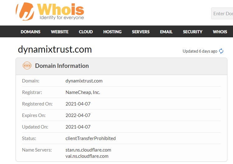 Le WHOIS anonyme de Dynamixtrust.com.