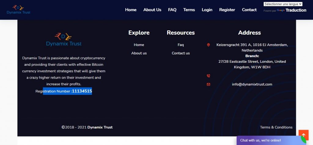 L’année 2018 a été indiquée au bas de page de Dynamixtrust.com dans le but de tromper les visiteurs.