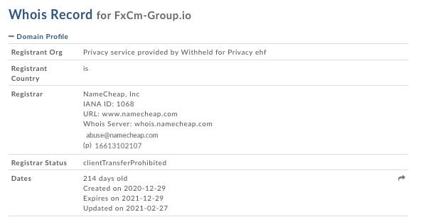 Le douteux WHOIS de Fxcm-group.io/fr.