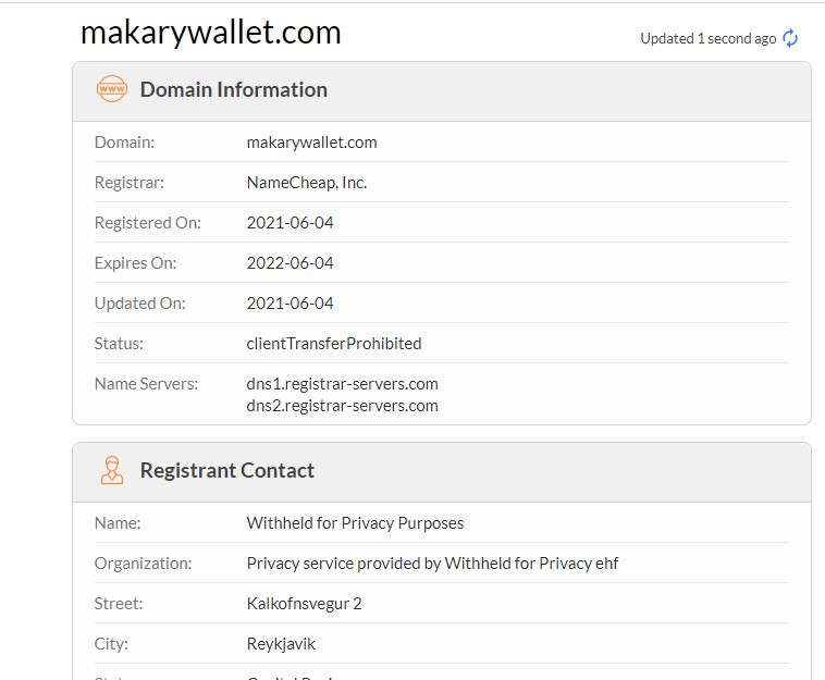 Le WHOIS de Makarywallets.com n’inspire pas confiance.