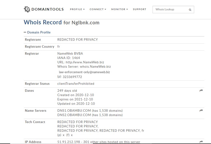 Quand on consulte le WHOIS de Ngibnk.com, on voit aisément que le site a une durée de vie d’un an. De plus, on ignore tout sur les personnes qui en sont les auteurs.
