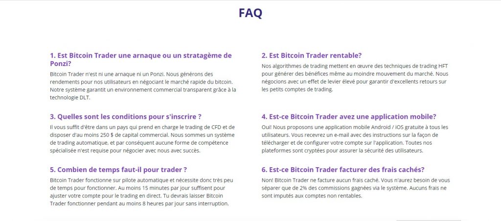 Des phrases mal construites sur Bitcointrader.site/fr, preuve de l’utilisation de Google Traduction.