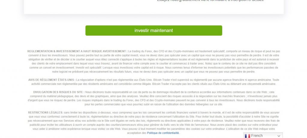 La mise en garde en bas de page est faite pour tromper les visiteurs et donner un semblant de crédibilité à Bitcointrader.site/fr.