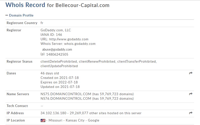 Bellecour-capital.com a un WHOIS anonyme.