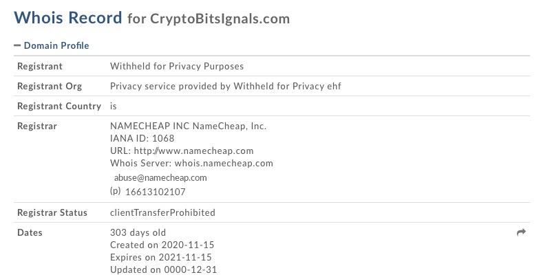 Le Whois de Cryptobitsignals.com.