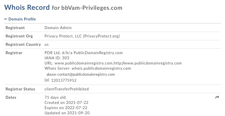 Les résultats de l’analyse du WHOIS de Bbvam-privileges.com.