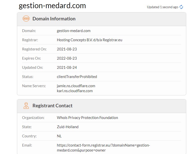 Gestion-medard.com a un WHOIS anonyme qui démontre qu’il appartient à des arnaqueurs.