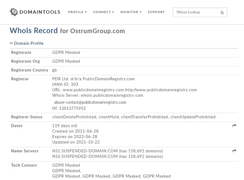 Les informations que donne le WHOIS de Ostrumgroup.com.