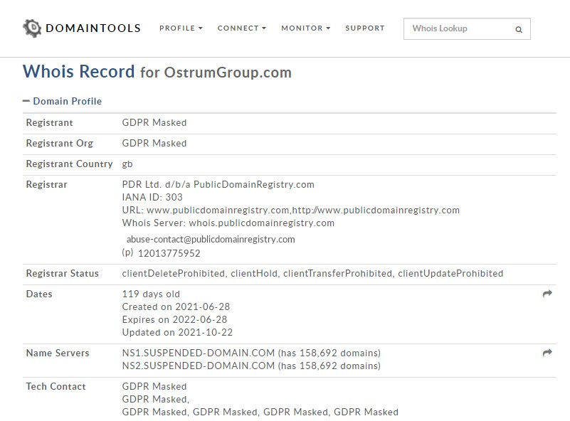 Le désastreux WHOIS de Ostrumgroup.com.