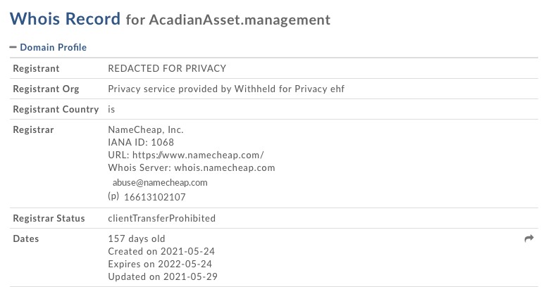 Le WHOIS de Acadianasset.management prouve que le site a été créé récemment pour cloner une entreprise.