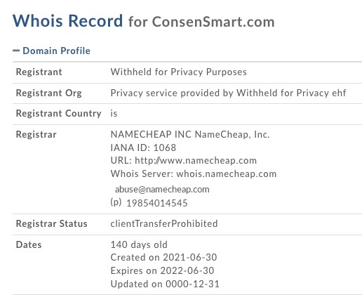 Le WHOIS de la plateforme web Consensmart.com.