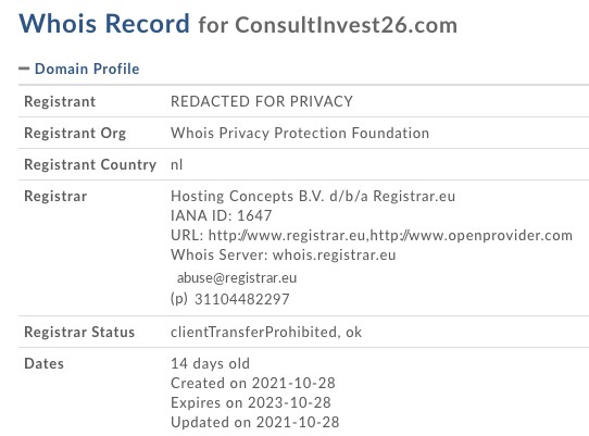 Le terrible WHOIS de Consultinvest26.com nous donne des détails sur les intentions des créateurs du site.