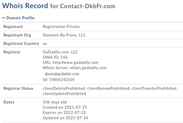 Contact-dkbfr.com a un WHOIS trop singulier pour être vraiment digne de confiance.