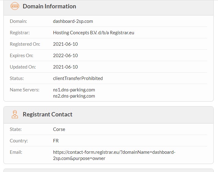 Les informations révélées par le WHOIS de Dashboard-2sp.com/login ne laissent pas de place au doute.