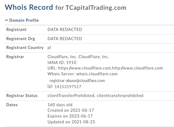 L’hébergement anonyme de Tcapitaltrading.com suffit pour faire comprendre que le site appartient à des arnaqueurs.
