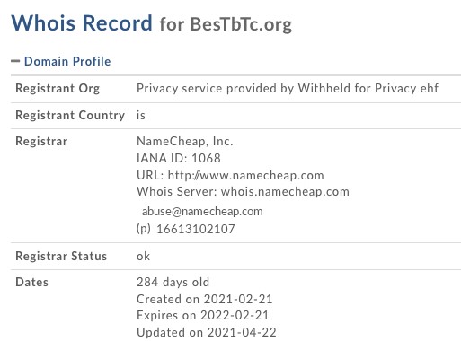Le WHOIS de Bestbtc.org révèle toute la vérité à son propos.