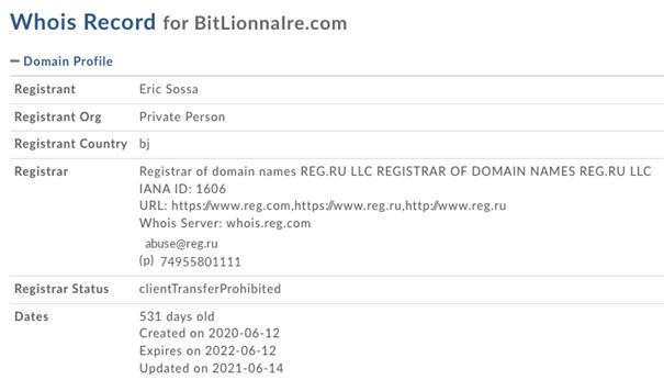 Le WHOIS de la plateforme Bitlionnaire.com de Éric Sossa l’arnaqueur.