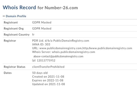 Le nom du propriétaire de Number-26.com a bien été voilé.